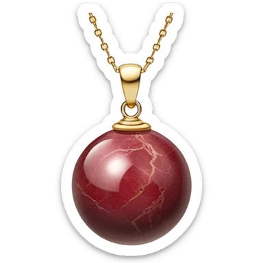 A polished round ball wine granite pendant suspended from a delicate gold chain, like a drop of enchanted starlight, glowing with the warmth of passion and the quiet power of transformation ethereal sticker