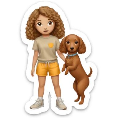 A girl with slightly curly hair but really wavy hair holding a brown dashcund and a light gold golden doodle and the girls skin color is tan but not so tan and her outfit is a matching sweatshorts and shirt and regular sneakers sticker