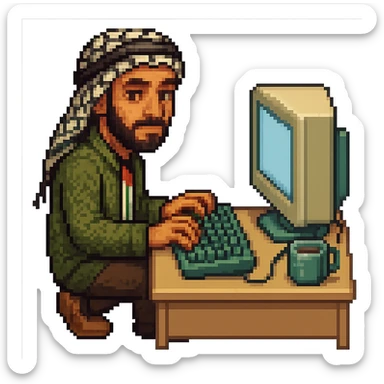 Create a pixel art style image of a man who is a Palestinian coder at a computer. Include subtle Palestinian cultural elements in the design. The background should be removed, focusing on the character and the computer setup. sticker