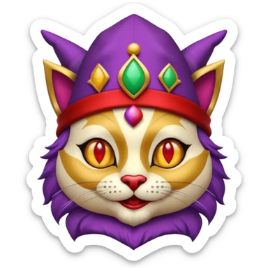 crazy colorful cute little cat jolly joker from poker, medieval, vintage, court jester, mac os icon, purple, gold and red color, head + torso. Squared shape as 3D mac os icon, symmetrical sticker
