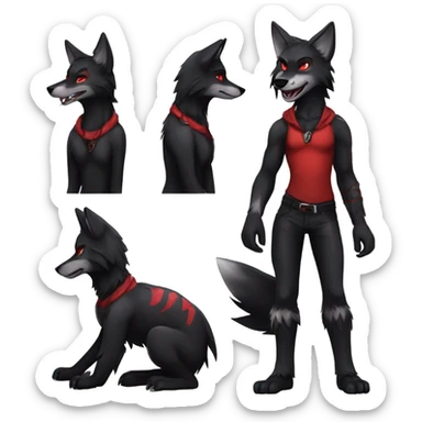Anthro black Shiny Fionbri-Falvie-sparkle-wolf-sona with red edgy markings full body sticker
