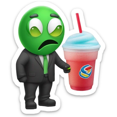 GORB a green faced fella in a morph suit wearing regular cool guy clothes and drinking a slurpee sticker