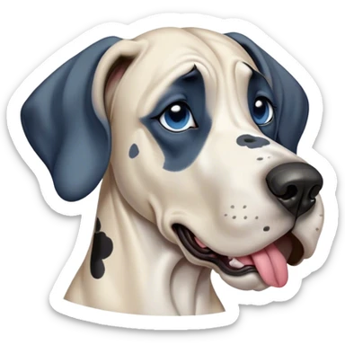 Cinematic Cute Yawning Harlequin Great Dane Portrait Emoji, Head tilted slightly with a dramatic, wide-open yawn, showcasing a smooth coat of predominantly white with bold black patches, floppy ears slightly drooping, round blue eyes barely open in drowsy contentment, Simplified yet irresistibly adorable features, highly detailed, glowing with a soft, cozy glow, high shine, relaxed yet expressive, stylized with a touch of whimsy, bright and endearing, soft glowing outline, capturing the essence of a sleepy yet affectionate guardian, so drowsy it feels like it could stretch out of the screen and curl up for a nap! sticker