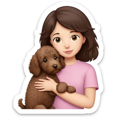 One girl with medium long dark brown hair dressing baby pink T-shirt, hugging One little brown coated labradoodle. sticker