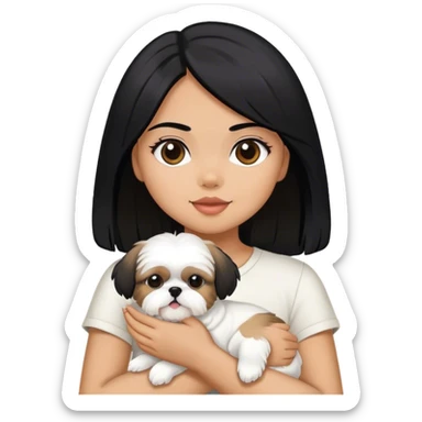 A girl with black hair and tan skin, holding a white Shih Tzu dog. sticker