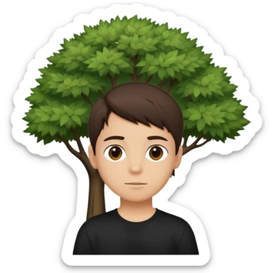 boy with straight short brunette hair brown eyes black tshirt on and tree behind sticker