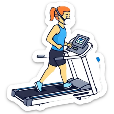 Runner on treadmill wearing oxygen consumption mask with tubes and sensors, VO2 max test in progress sticker