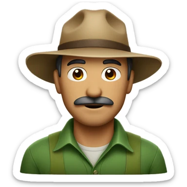 a man with a thin mustache wearing a brown farmer's hat. His job is a farmer and he wears green clothes. sticker