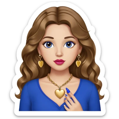 Light skinned girl, long wavy brown hair center-part with face framing pieces, big hazel eyes, gold heart necklace and earrings, royal blue long sleeve top, prominent blush, sassy, big lips, fancy long acrylic nails done, holding lipstick. She is curvy sticker