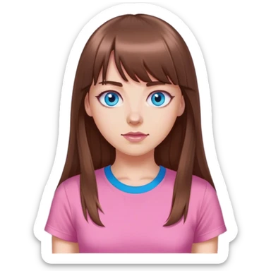 White girl with long brown hair and bangs with blue eyes and pink tshirt sticker