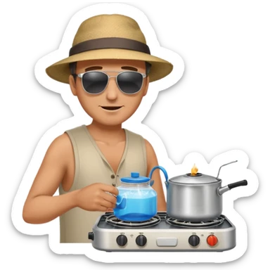A man camper boiling water on a portable stove, enjoying the outdoor breeze.
 sticker