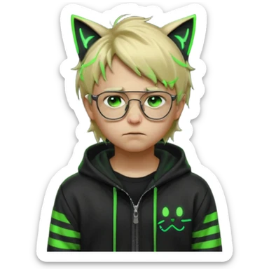 Light blond, slightly messy hair
Black glasses
A black hoodie with cat ears
Neon green details on the jacket and pants (glowing lines and stripes)
An overall hacker / cyberpunk style look
A neutral facial expression (boy )eyes brown) the hood with ears BROWN EYE BROWN EYE but sad and cry sticker