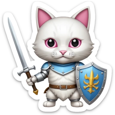 un gato blanco con armadura y llevando dos espadas sticker