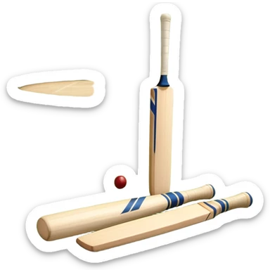 A cricket bat and ball resting on a well-manicured pitch, with the stumps and bails in the background. The scene emphasizes the traditional elements of the game, with the bat poised for a shot and the field reflecting a calm, competitive atmosphere. sticker