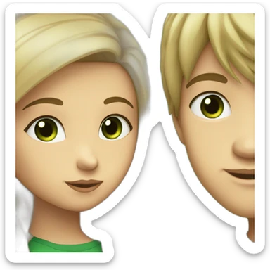 a blond boy with brown-green eyes kisses a brunette girl with long straight hair and bright green eyes on the cheek sticker