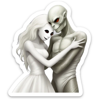 Alien reptilian woman in white dress hugs and kissing "white male human man" sticker
