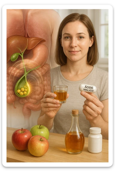 A detailed, realistic illustration or photo-style image showing a person holding a small glass of apple cider vinegar in one hand and a capsule labeled ‘Acido Malico’ in the other. In the foreground or as an overlay, a semi-transparent anatomical view of the abdomen highlights the gallbladder with visible small gallstones inside. Around the gallstones, gentle glowing waves or soft dissolving effects symbolize the softening or breakdown of the stones due to the natural acids. The person looks hopeful and calm, in a bright kitchen setting with fresh apples and natural health products on the counter. The overall mood is informative, natural, and hopeful about non-invasive, natural support for gallstone health sticker