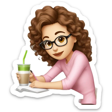 Pilates girl dressed in pink, with brown wavy hair and black glasses, drinking matcha latte and studying for Economics exam  sticker