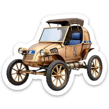 Old American West tarnished R2D2 C-3PO bounty hunter 1854 delicately ornate rosegold accents painted dune buggy buckboard wagon powered by electric motors and batteries with safety features and belts flying rapidly across rough dusty terrain stable on strong agile steampunk suspension and steering  sticker