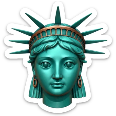 3D render of Statue of Liberty Head, heavily oxidized copper texture, verdigris patina, Classic teal copper texture, weathered bronze aesthetic, ancient decay, Apple emoji style, isolated on white background --v 6.0. sticker