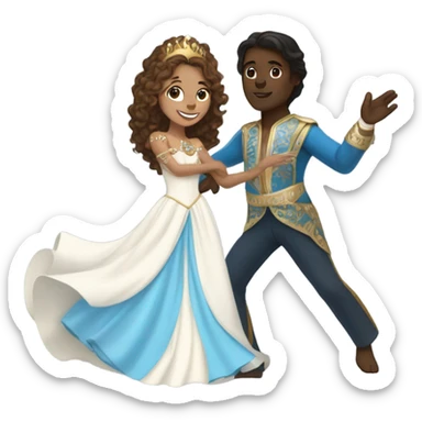 A princess with, brown long straight hair  and white dress with jewelry dancing around with a prince that is dark skin and curly brown hair with a blue and gold outfit  sticker