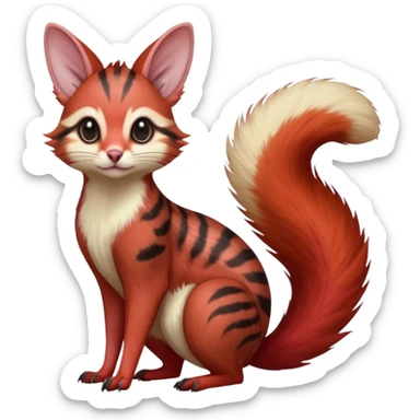  hyper-realistic sanguine-red-streaked natural realistic divine beautiful elegant pretty precious cute young youthful  Fakémon-Pokémon-alien-opossum-squirrel-feline-serval-caracal-chinchilla-Minccino-hybrid-creature with a big fluffy bushy tail (full body) sticker