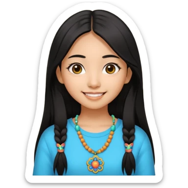 20 yr old asian woman hair trendy clothes center part big eyes big smile tanned skin straight black hair hippie part hair  sticker