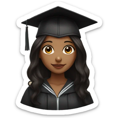 brown girl straight black hair, with amber eyes and long dark hair with light brown skin holding books adn wearing a graduation cap sticker