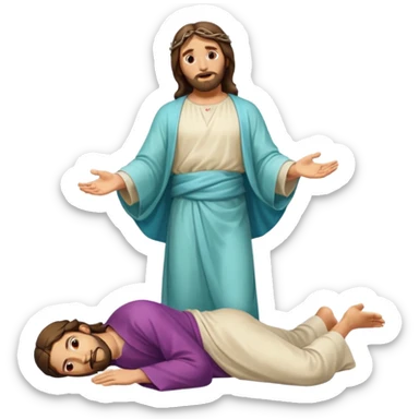 fullbody Jesus apostle in prone pose, unique facial expression, clear prone position, full body visible, apple emoji style sticker