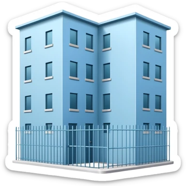 light blue rectangular 9-story apartment building surrounded by fence, closed courtyard, minimal flat vector icon, friendly clean design sticker