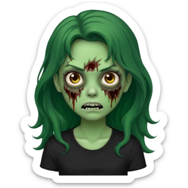 crie um emoji de uma garota zoombie pele verde e cabelo castanho e longo , assustadora e fofa com cabelo ondulado 2b e camiseta básica preta sticker