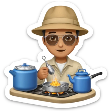 A man camper boiling water on a portable stove, enjoying the outdoor sticker
