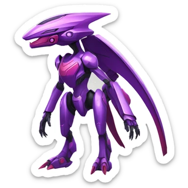 a shiny purple-red Genesect-Raptor-Fakémon—hybrid with a futuristic visor-helmet full body sticker