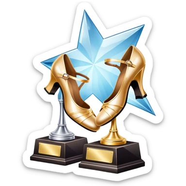 Icon for Ballroom Dancing: a pair of ballroom shoes, a dance floor with lighting, and a decorative dance trophy. The icon should represent the elegance and rhythm of ballroom dance through its key symbols. Transparent background. sticker