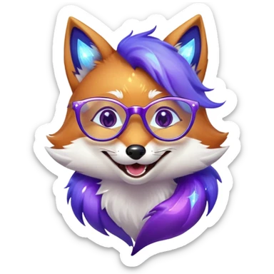 A magical fox with shimmering purple and blue fur, a glowing tail, a silver star on its forehead, and round glasses, laughing so hard that tears are streaming from its eyes sticker