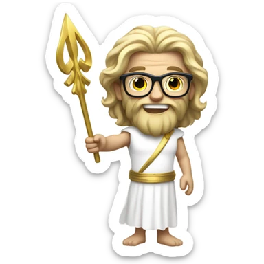 white Poseidon with gold Trident and nerd glasses. long hair white dress. smile . wink. profil position pointing  sticker