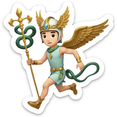a guy (hermes) running with his caduceus (winged staff + two nakes) and a petasos on his head (winged helmet) sticker