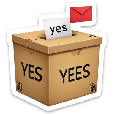 Vote box with "yes, but" aber' written on the front and paper entering the top slot sticker
