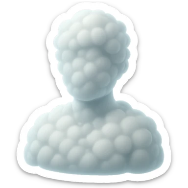 a person facing forward, visible to the shoulders, entirely made of fluffy, raised, pure white clouds, in matte glass style sticker