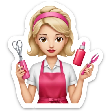 Female hairdresser with headband, wearing red apron, holding pink nail polish bottle and scissors, beauty salon employee sticker