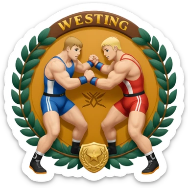 An icon symbolizing wrestling combat sports in the style of an emblem. The design features two wrestlers locked in a powerful grapple, one attempting to take the other down. Surrounding the scene are stylized elements like a championship belt, wrestling mat, and a laurel wreath. sticker
