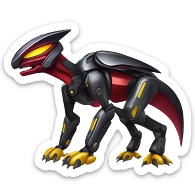 a shiny black-red-yellow Genesect-Raptor-Fakémon—hybrid with a futuristic visor-helmet full body sticker