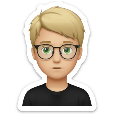 Generate me a profile picture like with a teenage boy who has dirty blond hair, green eyes, glasses and a black t-shirt sticker