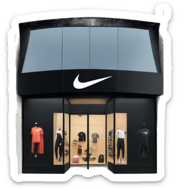 “Nike store exterior with a black facade, iconic swoosh logo, large glass windows displaying athletic wear, and sleek entrance doors.” sticker