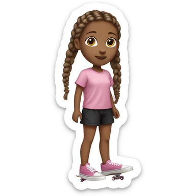 little white girl with brown hair with braids, pink shirt from VANS and black shorts skateboarding sticker