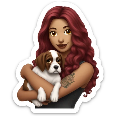 Beautiful tattooed  burgundy long haired woman holding a boxer puppy sticker