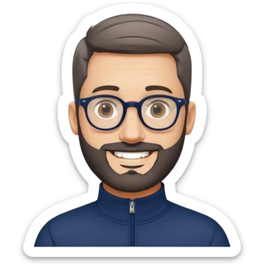 Fair-skinned broader man with oval face, very tight haircut (almost shaved on top, faded sides), short salt and pepper beard, big black-rimmed glasses, friendly smile, navy blue quarter-zip sweatshirt with long sleeves sticker