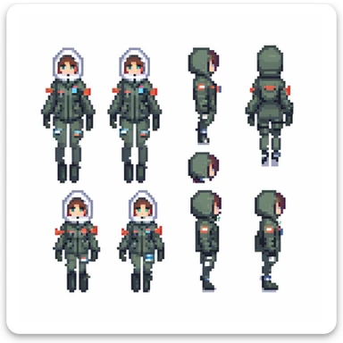 1 female, a vtuber in a cryo suit with a flight jacket, walk run jump anim sprite sheet sticker