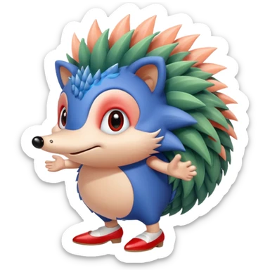 Blue hedgehog with red shoes and peach arms with large quills wave joint together eyeballs and green pupils sticker