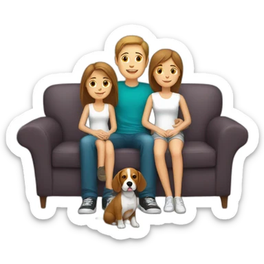 Brown hair White boy and girl with beagle Sit on couch sticker